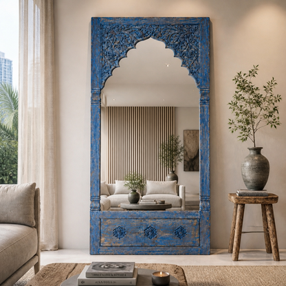 Hand Carved Wooden Mirror 'Vimala' - Distressed Blue - 200 x 100 cm