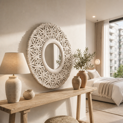 Hand Carved Mirror "Wanasari" in White Wash - 70 cm