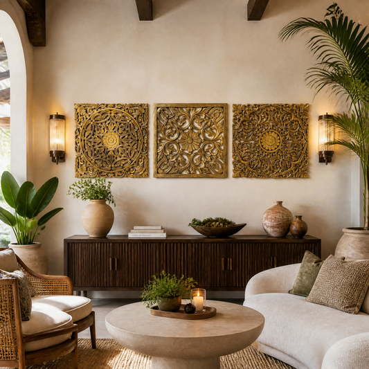 Set of 3 Decorative Panels "Pererenan" - Gold - 50 x 50 cm