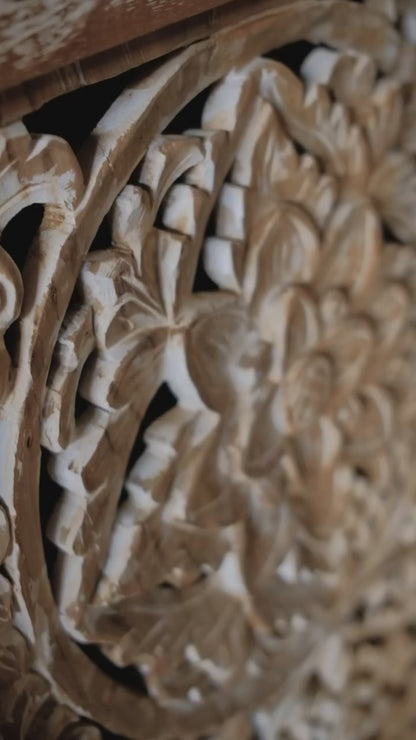 Wooden Hand Carved Cabinet 'Aura' - Natural Wash - 140 cm