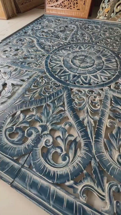 Custom Carved Full Bed Headboard "Jantung" - Navy Blue Wash - 160x140cm