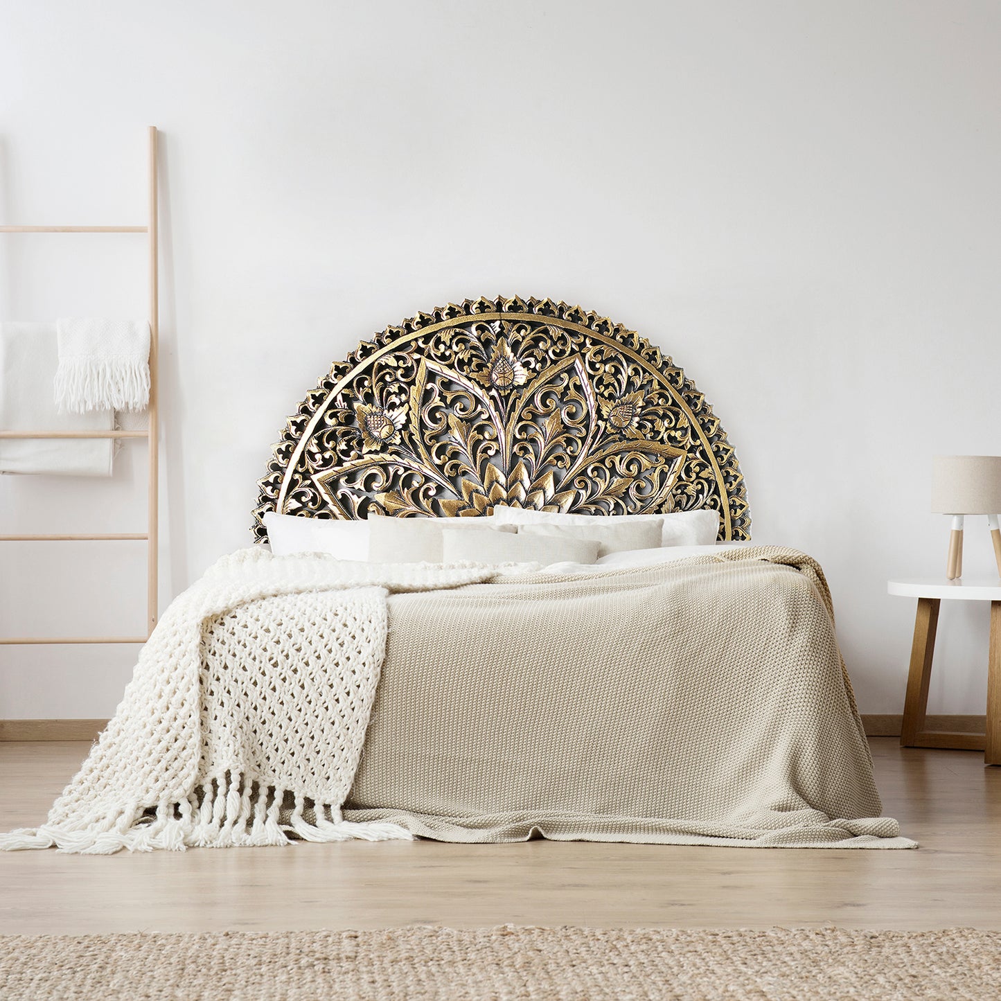 Hand carved Queen Size Half-moon Mandala Bed headboard 'Serupa' in Gold Antic - 60 inches