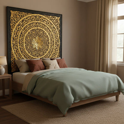 Carved Full Bed Headboard "Rampai" - Gold & Black