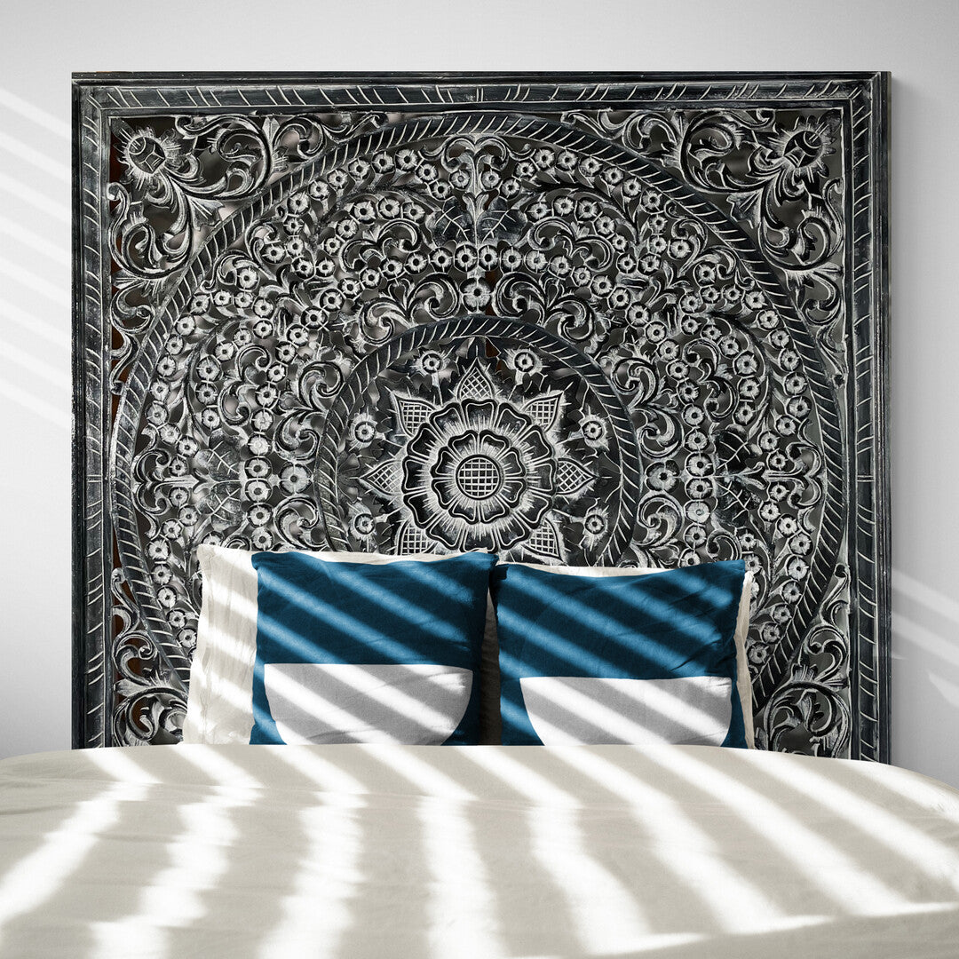 Carved Full Bed Headboard "Peony" - Monochrome Wash - USA