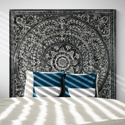 Carved Full Bed Headboard "Peony" - Monochrome Wash - USA